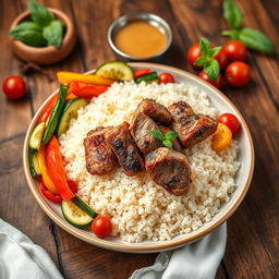 A beautifully arranged plate of very fine size couscous topped with tender pieces of meat and colorful, fresh vegetables