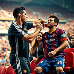 An intense scene depicting Cristiano Ronaldo striking Lionel Messi, who is pleading for mercy