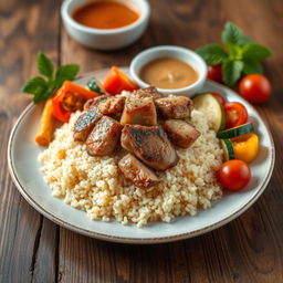 A beautifully arranged plate of very fine size couscous topped with tender pieces of meat and colorful, fresh vegetables