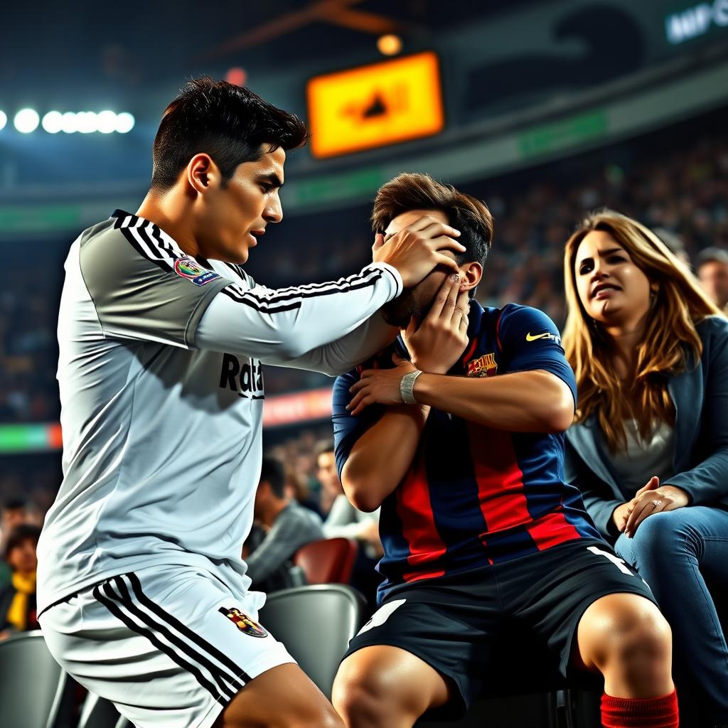 An intense scene depicting Cristiano Ronaldo striking Lionel Messi, who is pleading for mercy