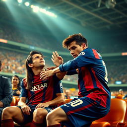 An intense scene depicting Cristiano Ronaldo striking Lionel Messi, who is pleading for mercy