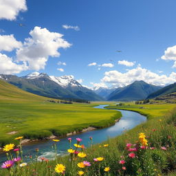 A serene and tranquil landscape featuring a lush green meadow under a bright blue sky with fluffy white clouds