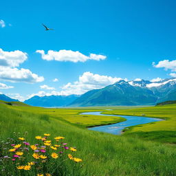 A serene and tranquil landscape featuring a lush green meadow under a bright blue sky with fluffy white clouds