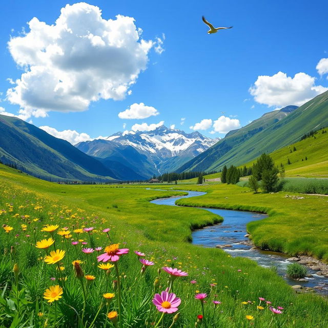 A serene and tranquil landscape featuring a lush green meadow under a bright blue sky with fluffy white clouds