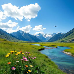 A serene and tranquil landscape featuring a lush green meadow under a bright blue sky with fluffy white clouds