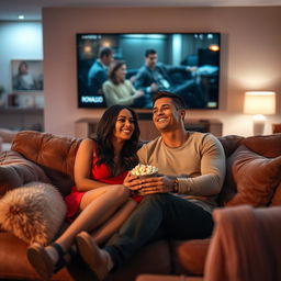 Geoergina Rodriguez sitting comfortably on a plush sofa with Cristiano Ronaldo, both absorbed in watching a movie together at home
