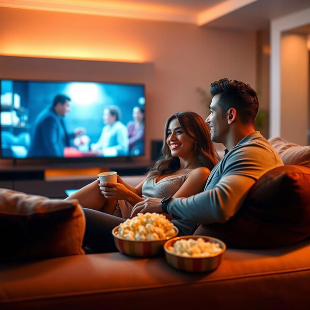 Geoergina Rodriguez sitting comfortably on a plush sofa with Cristiano Ronaldo, both absorbed in watching a movie together at home