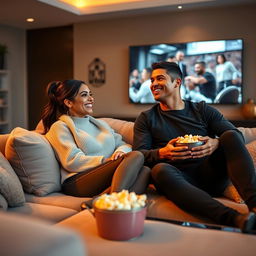 Geoergina Rodriguez sitting comfortably on a plush sofa with Cristiano Ronaldo, both absorbed in watching a movie together at home