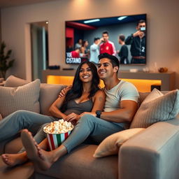 Geoergina Rodriguez sitting comfortably on a plush sofa with Cristiano Ronaldo, both absorbed in watching a movie together at home