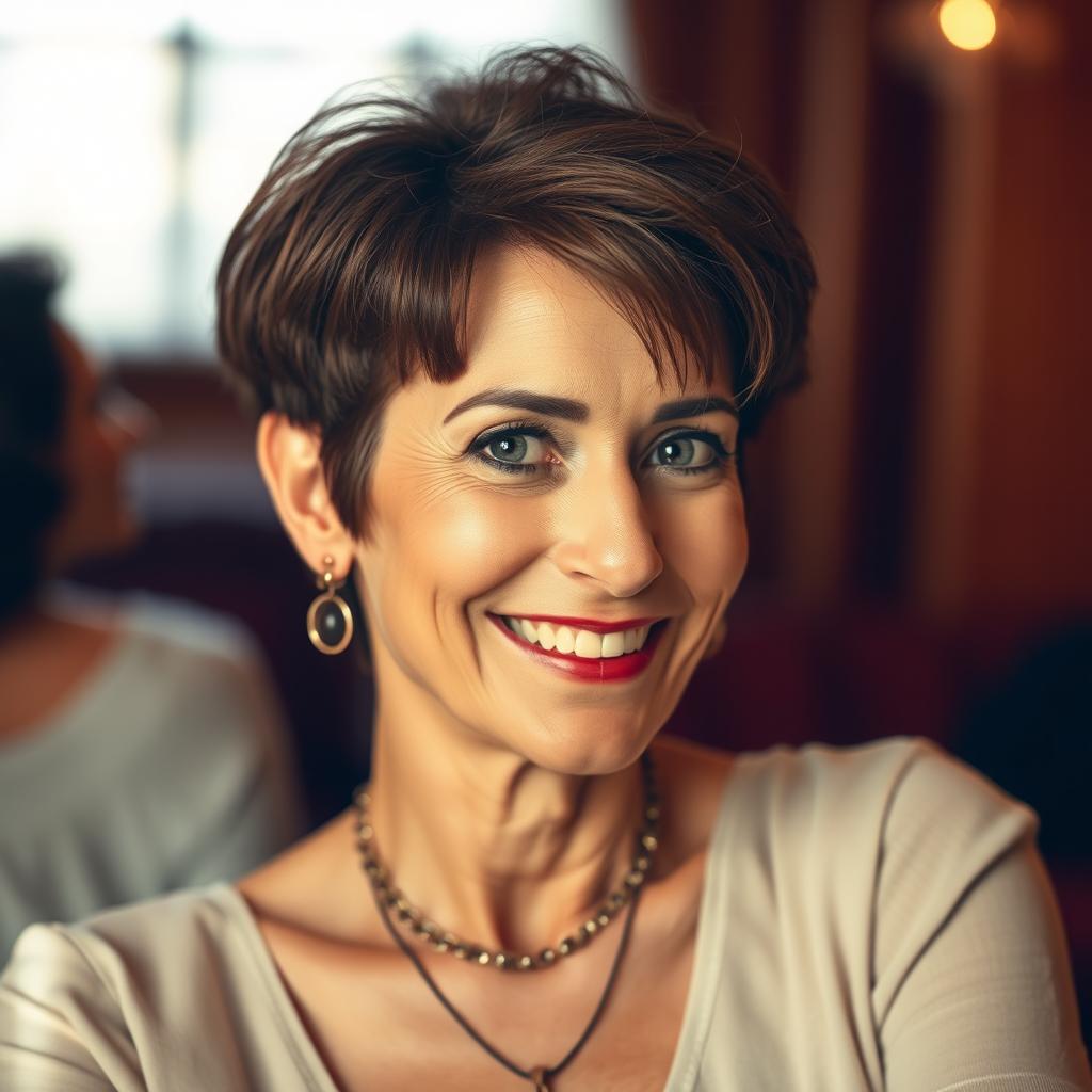 A mature and attractive 60-year-old Iranian woman with a stylish pixie cut in brown hair, exuding confidence and allure in an intimate setting