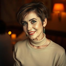 A mature and attractive 60-year-old Iranian woman with a stylish pixie cut in brown hair, exuding confidence and allure in an intimate setting