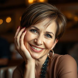A mature and attractive 60-year-old Iranian woman with a stylish pixie cut in brown hair, exuding confidence and allure in an intimate setting