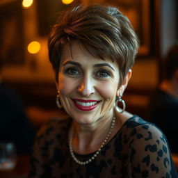 A mature and attractive 60-year-old Iranian woman with a stylish pixie cut in brown hair, exuding confidence and allure in an intimate setting