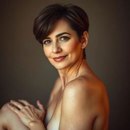 A mature and attractive 60-year-old Iranian woman, embodying beauty and confidence, posed artistically in a tasteful nude setting that celebrates the elegance of the female form