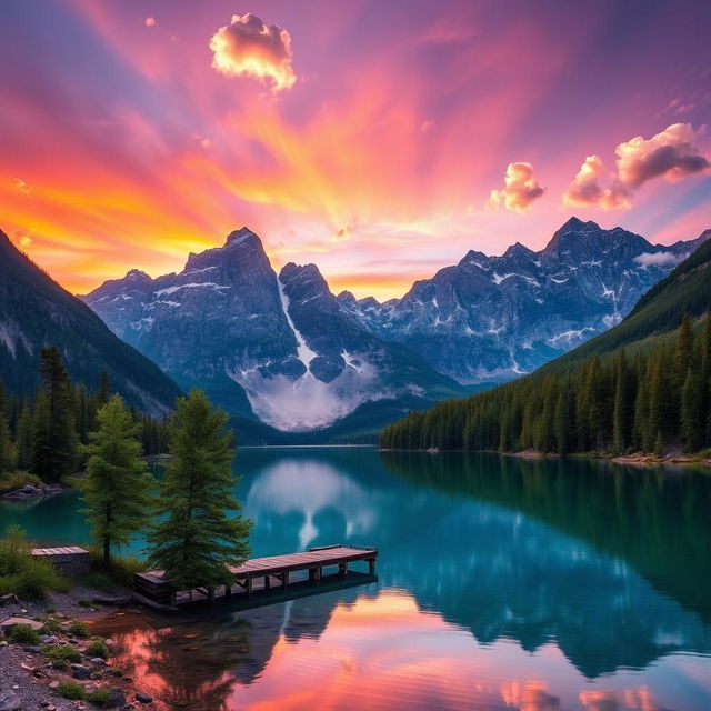 A high-resolution image of a serene landscape featuring a crystal-clear lake surrounded by majestic mountains at sunset