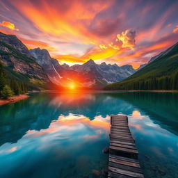 A high-resolution image of a serene landscape featuring a crystal-clear lake surrounded by majestic mountains at sunset