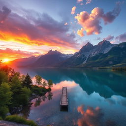 A high-resolution image of a serene landscape featuring a crystal-clear lake surrounded by majestic mountains at sunset