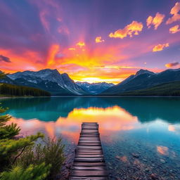 A high-resolution image of a serene landscape featuring a crystal-clear lake surrounded by majestic mountains at sunset