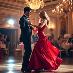 Margot Robbie gracefully dancing with a man at an elegant ballroom, both dressed in formal attire