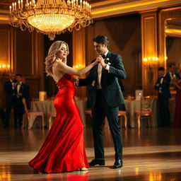 Margot Robbie gracefully dancing with a man at an elegant ballroom, both dressed in formal attire