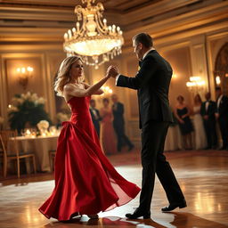 Margot Robbie gracefully dancing with a man at an elegant ballroom, both dressed in formal attire