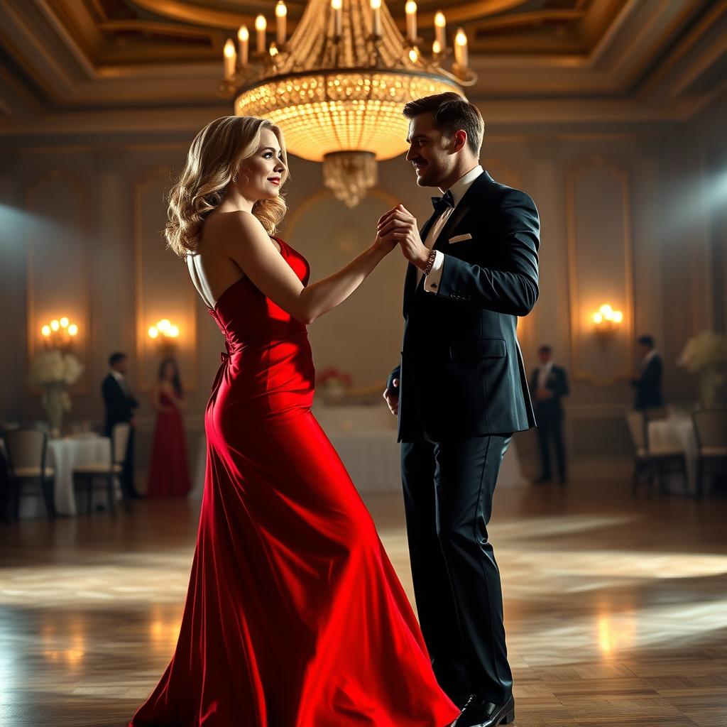 Margot Robbie gracefully dancing with a man at an elegant ballroom, both dressed in formal attire