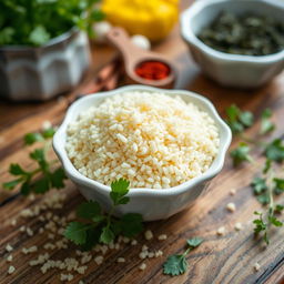 A close-up image of fine couscous grains, showcasing their delicate texture and light, fluffy appearance