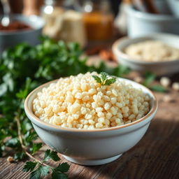 A close-up image of fine couscous grains, showcasing their delicate texture and light, fluffy appearance
