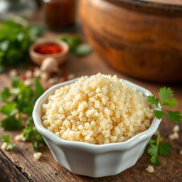 A close-up image of fine couscous grains, showcasing their delicate texture and light, fluffy appearance