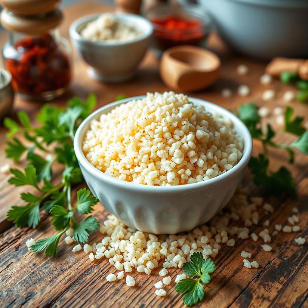 A close-up image of fine couscous grains, showcasing their delicate texture and light, fluffy appearance