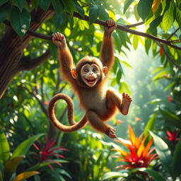 A playful monkey swinging from a vibrant, leafy tree branch in a lush jungle setting