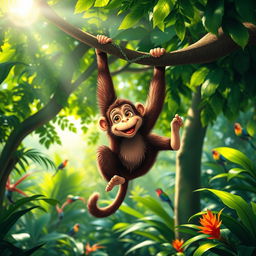A playful monkey swinging from a vibrant, leafy tree branch in a lush jungle setting