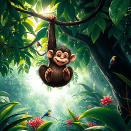 A playful monkey swinging from a vibrant, leafy tree branch in a lush jungle setting