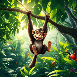 A playful monkey swinging from a vibrant, leafy tree branch in a lush jungle setting