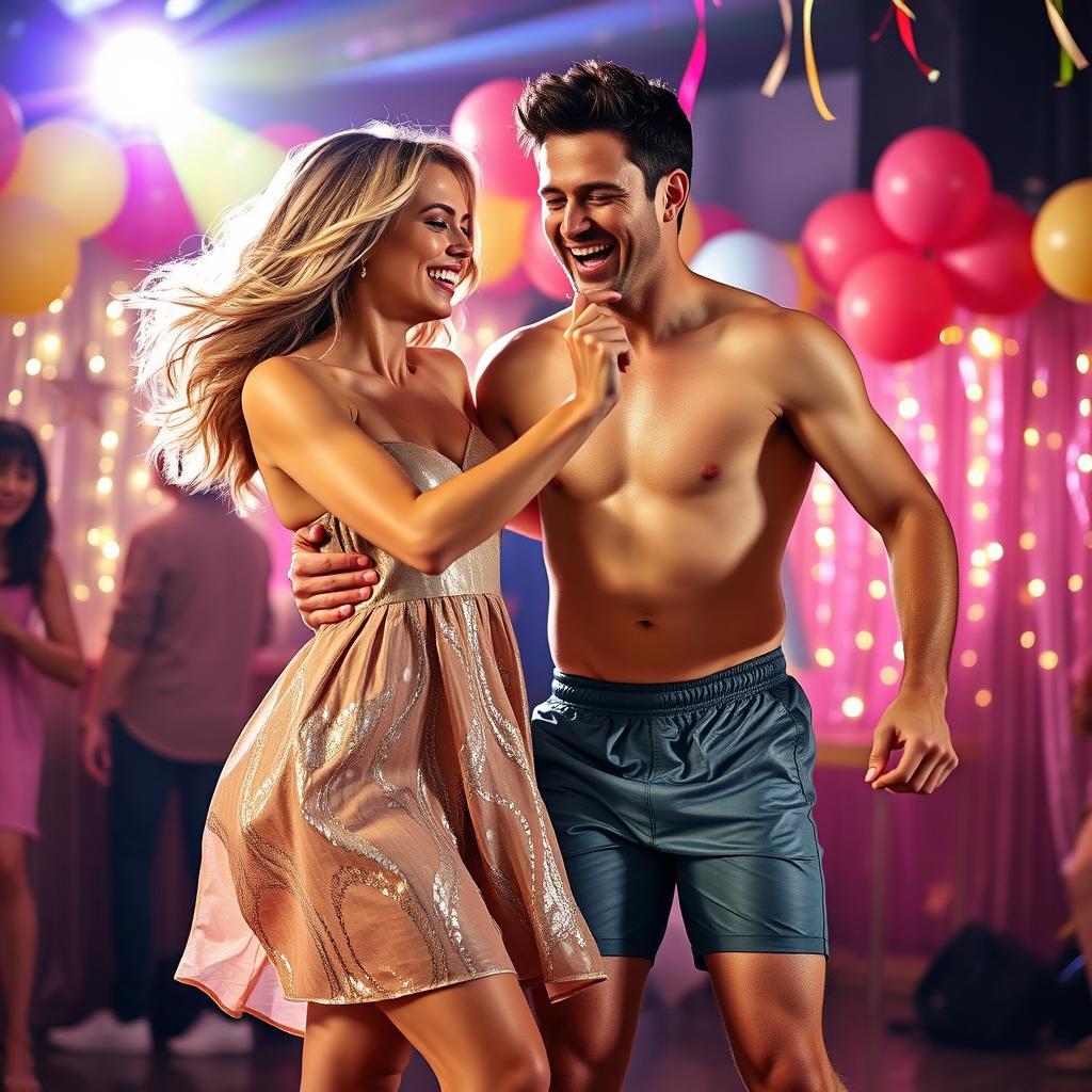 Margot Robbie dancing joyfully with a man wearing a crop top and shorts, both of them are full of energy and radiating happiness