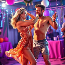 Margot Robbie dancing joyfully with a man wearing a crop top and shorts, both of them are full of energy and radiating happiness