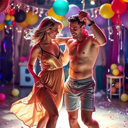 Margot Robbie dancing joyfully with a man wearing a crop top and shorts, both of them are full of energy and radiating happiness