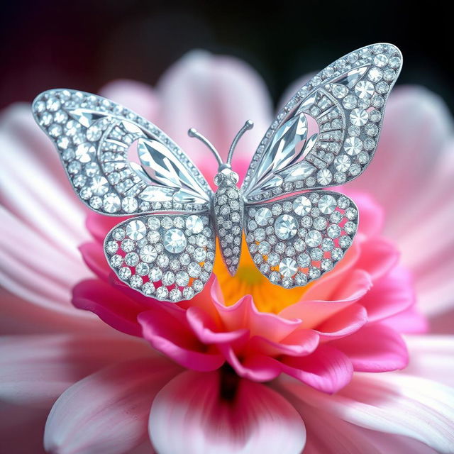 A stunning butterfly intricately crafted from diamonds, showcasing its delicate wings sparkling with a myriad of facets that reflect light beautifully