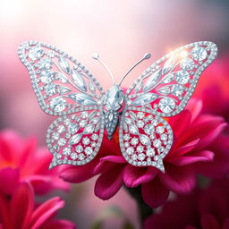 A stunning butterfly intricately crafted from diamonds, showcasing its delicate wings sparkling with a myriad of facets that reflect light beautifully