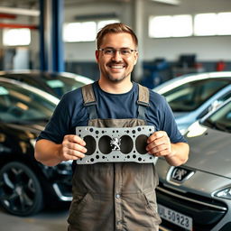 A smiling car mechanic holding a Peugeot cylinder head gasket in his hands, standing proudly inside a well-lit garage