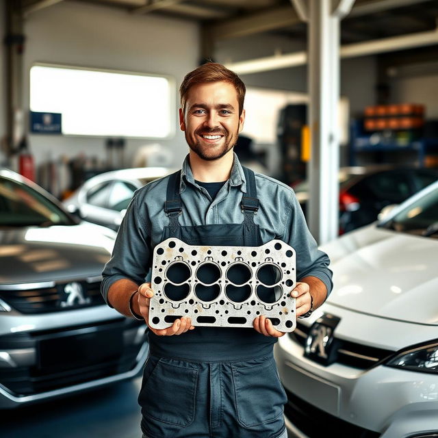 A smiling car mechanic holding a Peugeot cylinder head gasket in his hands, standing proudly inside a well-lit garage