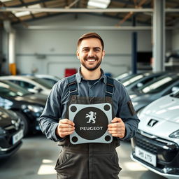 A smiling car mechanic holding a Peugeot cylinder head gasket in his hands, standing proudly inside a well-lit garage