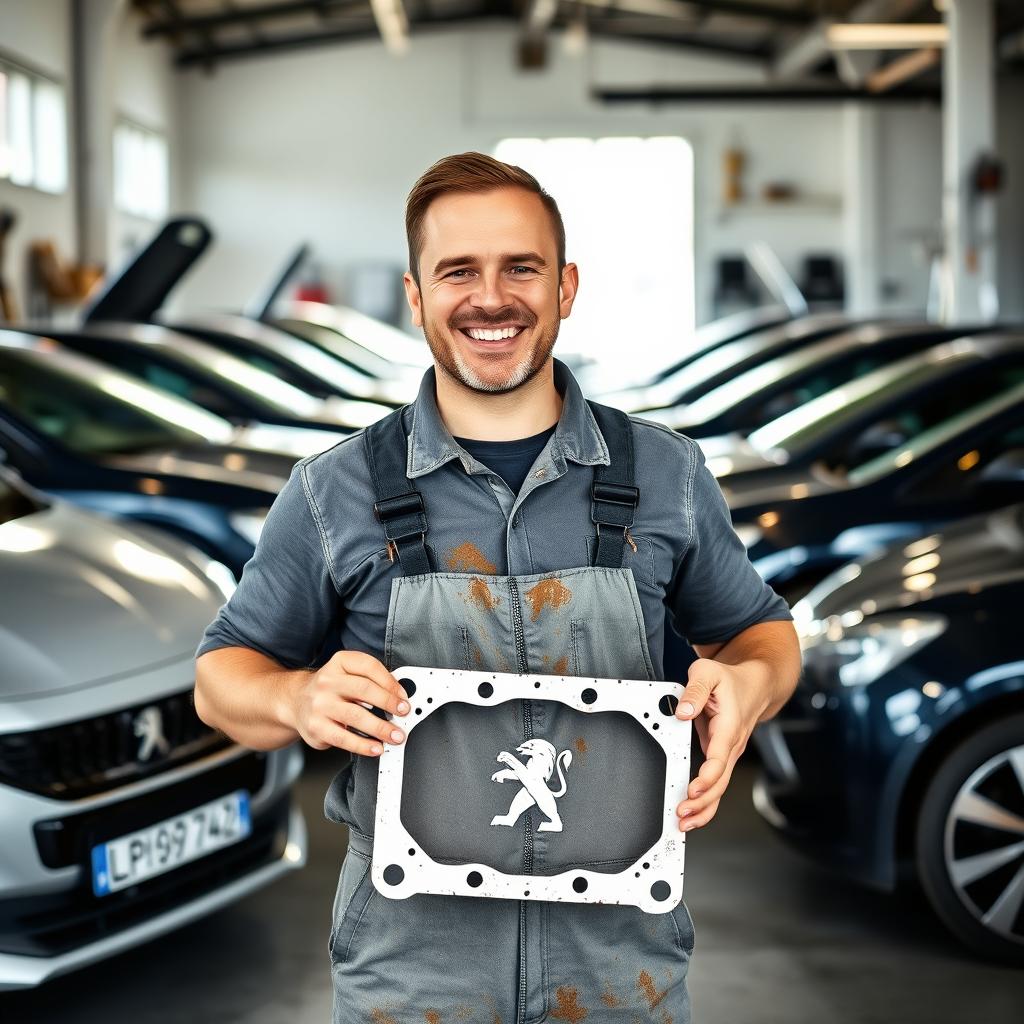 A smiling car mechanic holding a Peugeot cylinder head gasket in his hands, standing proudly inside a well-lit garage