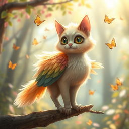 A whimsical creature that is a combination of a cat and a bird, featuring the playful body of a cat with soft, colorful feathers instead of fur