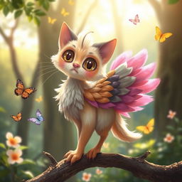 A whimsical creature that is a combination of a cat and a bird, featuring the playful body of a cat with soft, colorful feathers instead of fur