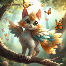 A whimsical creature that is a combination of a cat and a bird, featuring the playful body of a cat with soft, colorful feathers instead of fur