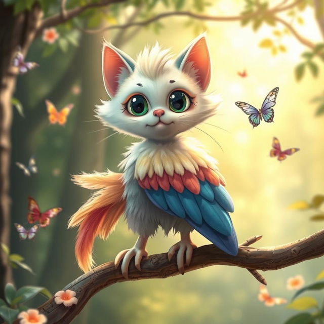 A whimsical creature that is a combination of a cat and a bird, featuring the playful body of a cat with soft, colorful feathers instead of fur