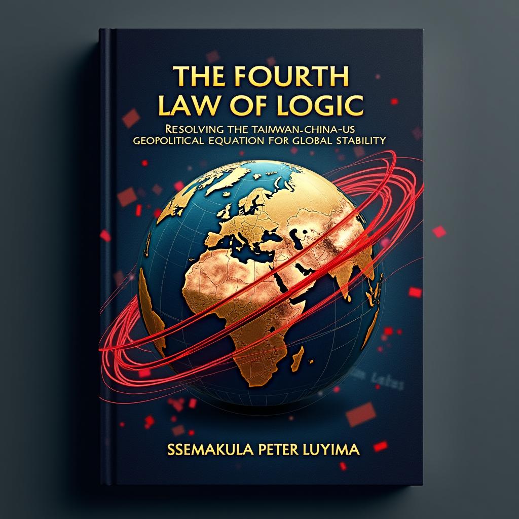 A striking and thought-provoking book cover for "The Fourth Law of Logic: Resolving the Taiwan-China-US Geopolitical Equation for Global Stability" by Ssemakula Peter Luyima