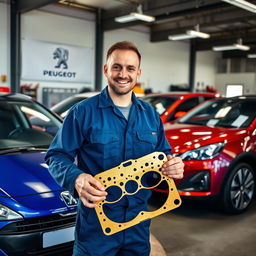 A golden Peugeot cylinder head gasket held by a smiling car mechanic inside a garage, surrounded by shiny Peugeot cars parked neatly next to him