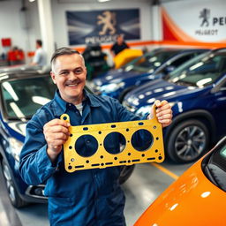 A golden Peugeot cylinder head gasket held by a smiling car mechanic inside a garage, surrounded by shiny Peugeot cars parked neatly next to him